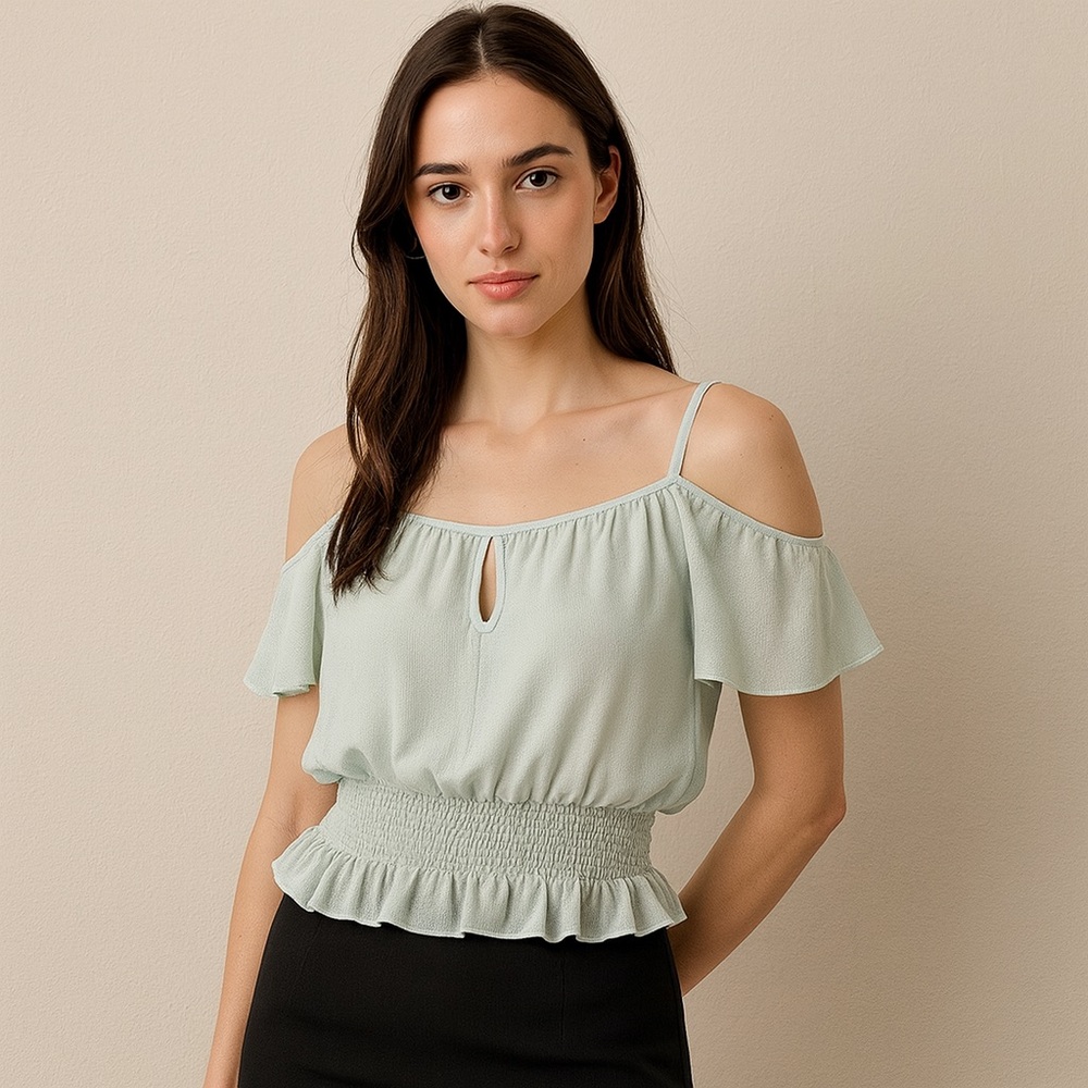 Marciano NWT Top Sz Small Dream Green Spaghetti Strap Flutter Sleeves Smocked